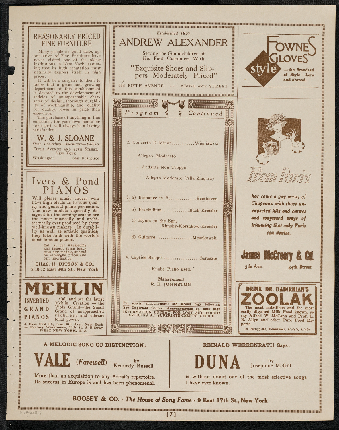 Rudolph Bochco, Violin, April 14, 1921, program page 7