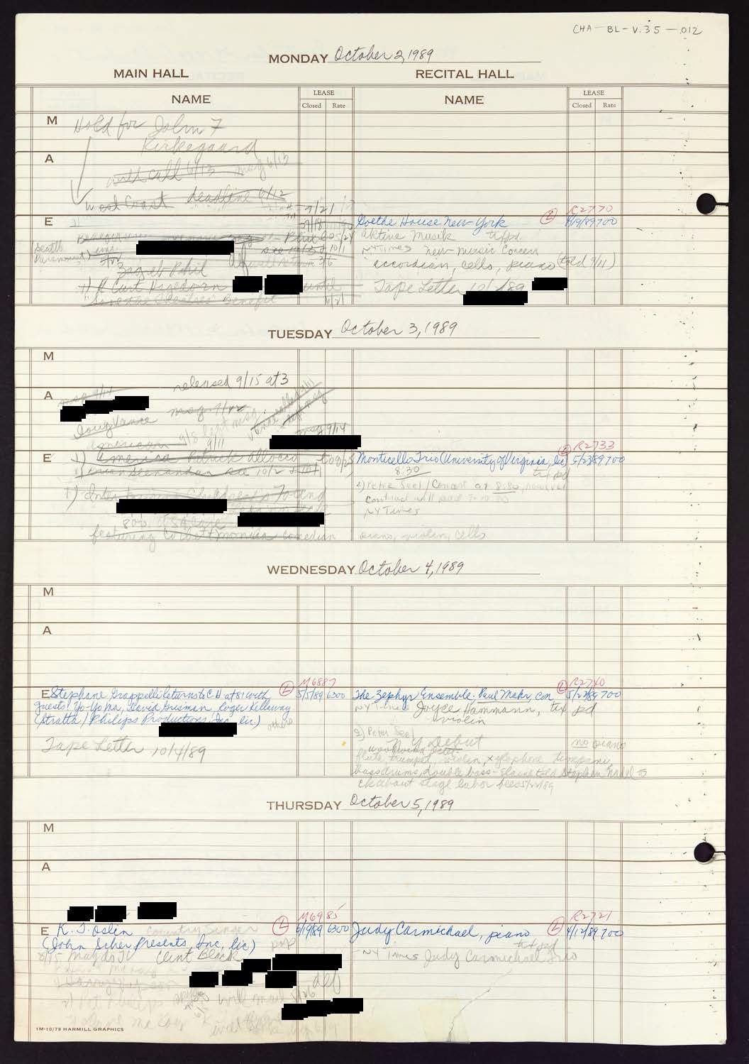 Carnegie Hall Booking Ledger, volume 35, page 12