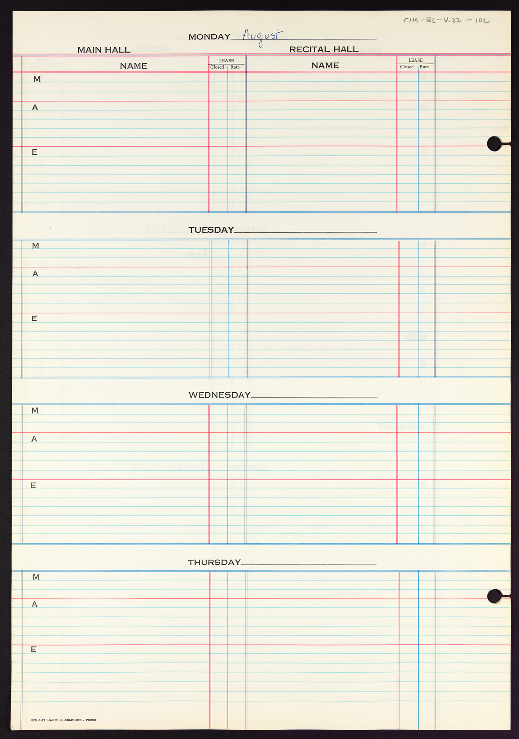 Carnegie Hall Booking Ledger, volume 22, page 102