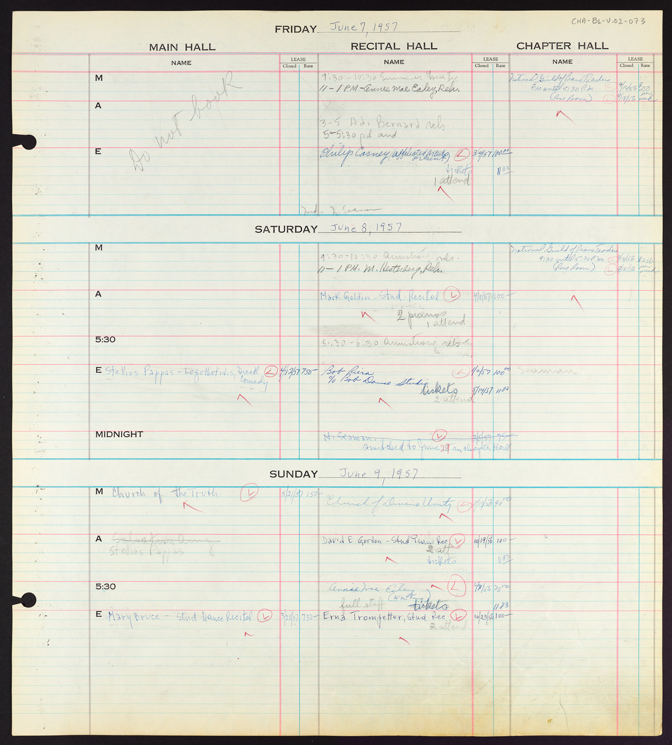 Carnegie Hall Booking Ledger, volume 2, page 73