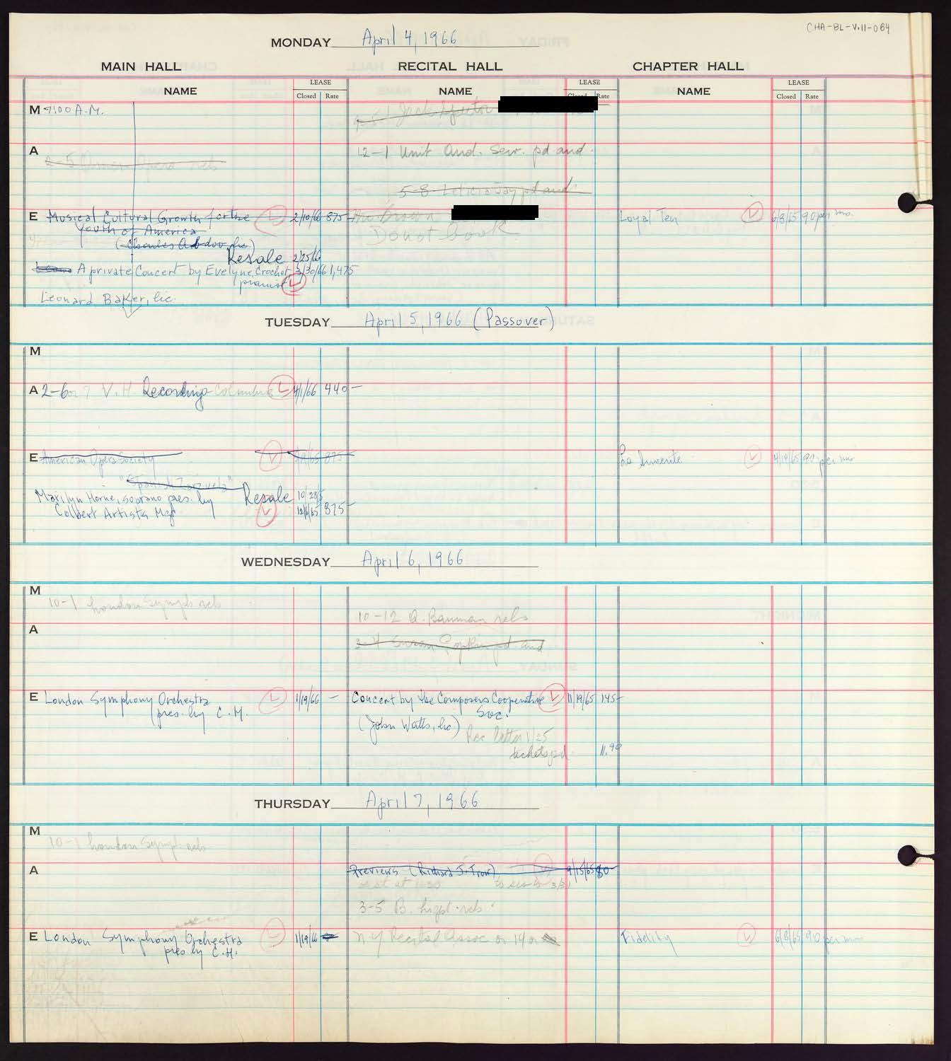 Carnegie Hall Booking Ledger, volume 11, page 64