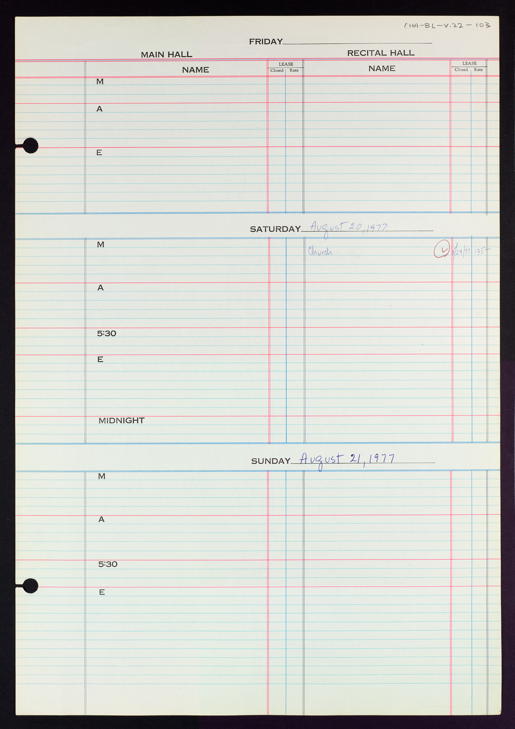 Carnegie Hall Booking Ledger, volume 22, page 103