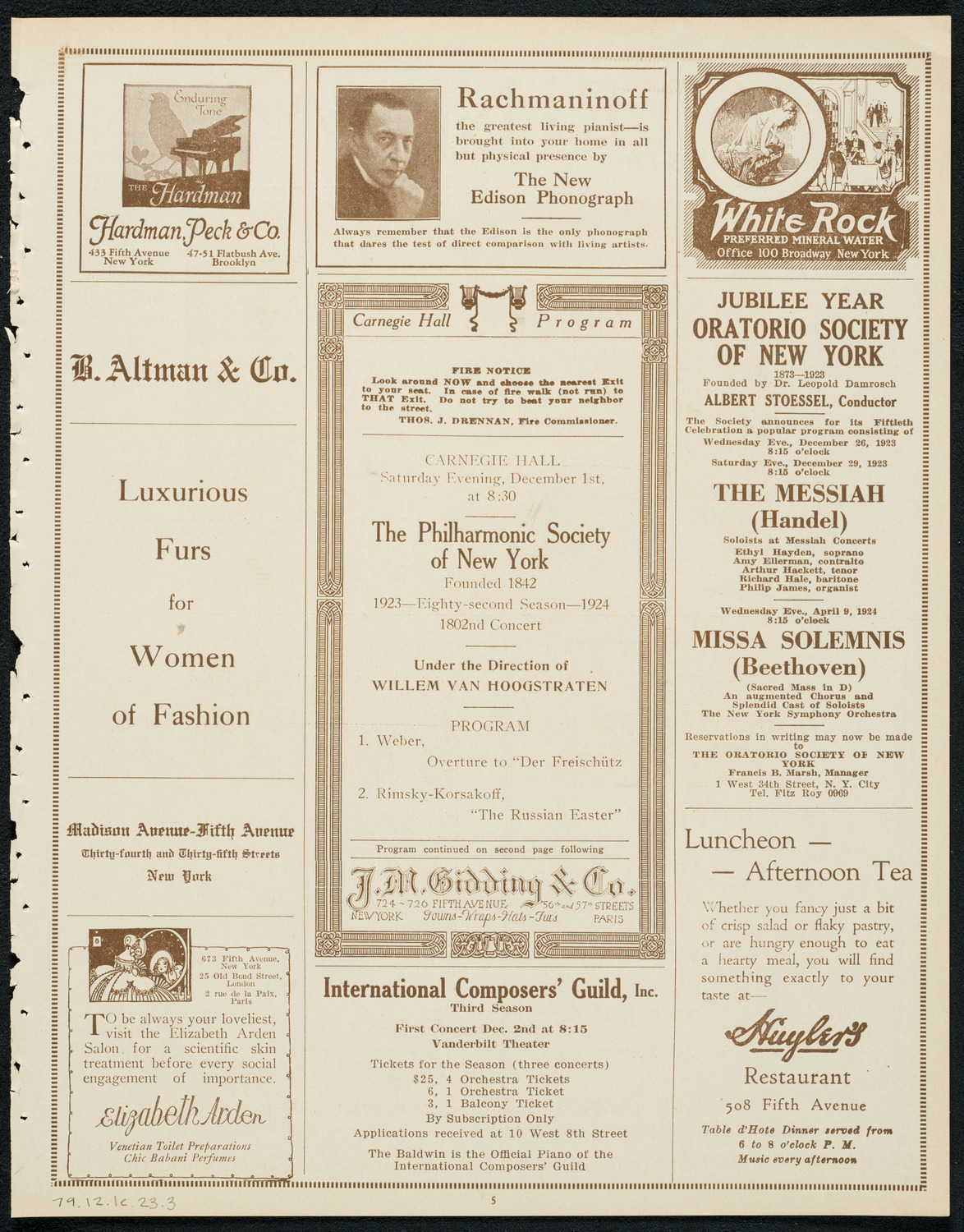 New York Philharmonic, December 1, 1923, program page 5