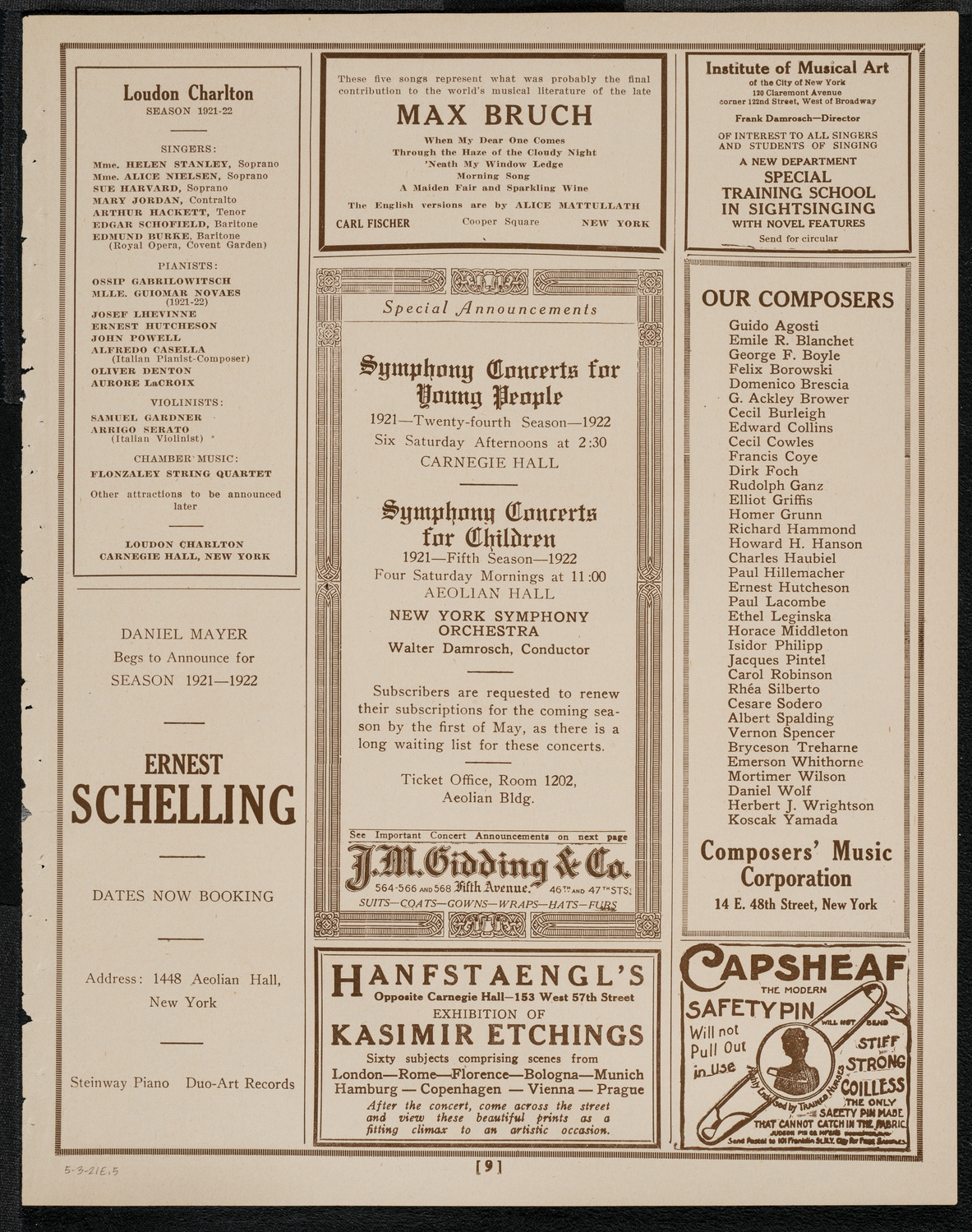 National Symphony Orchestra, May 3, 1921, program page 9