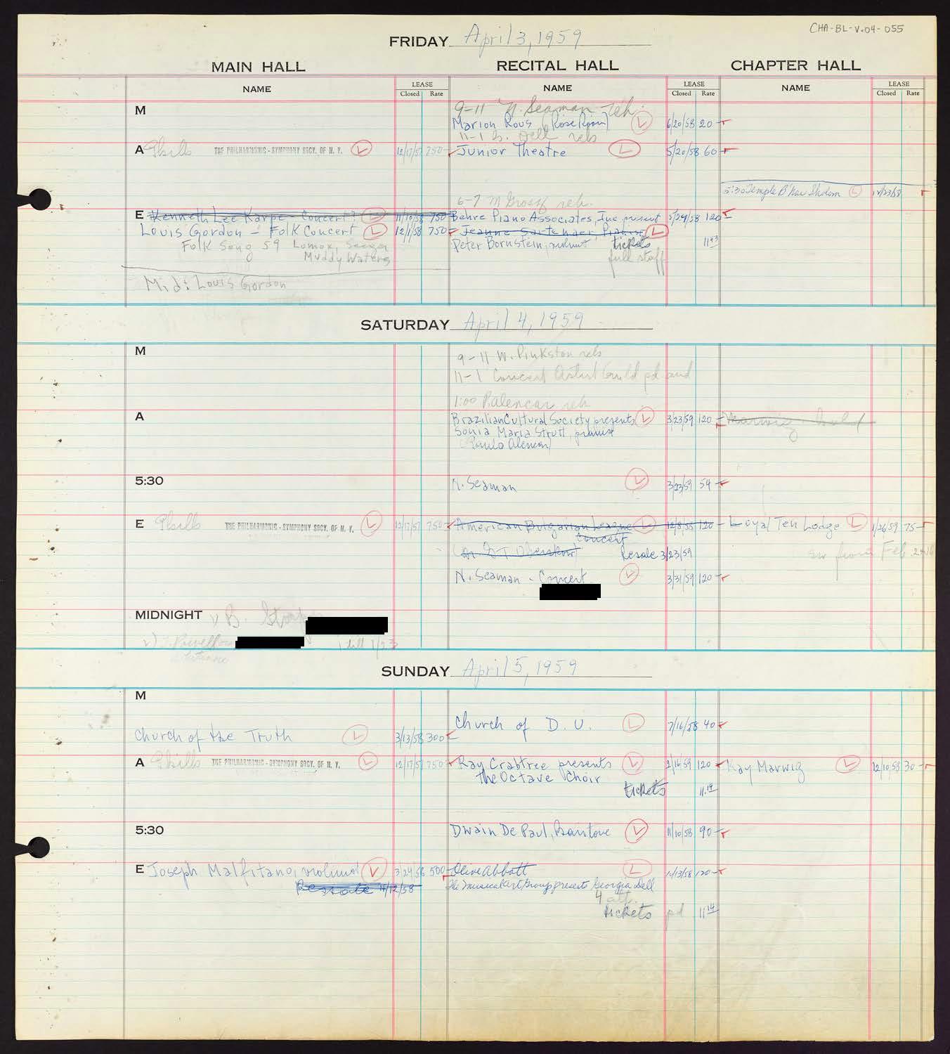 Carnegie Hall Booking Ledger, volume 4, page 55