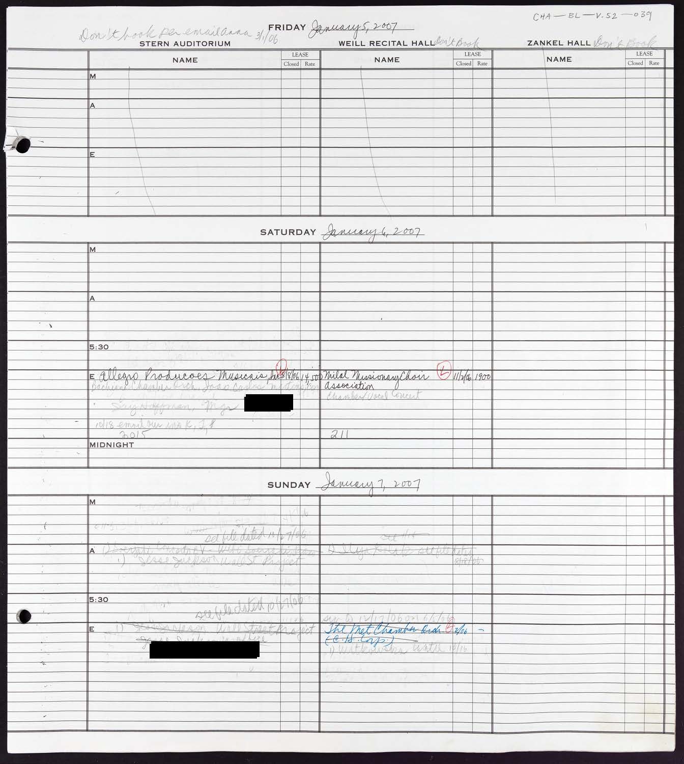 Carnegie Hall Booking Ledger, volume 52, page 39