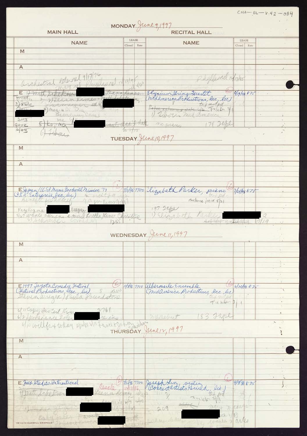 Carnegie Hall Booking Ledger, volume 42, page 84