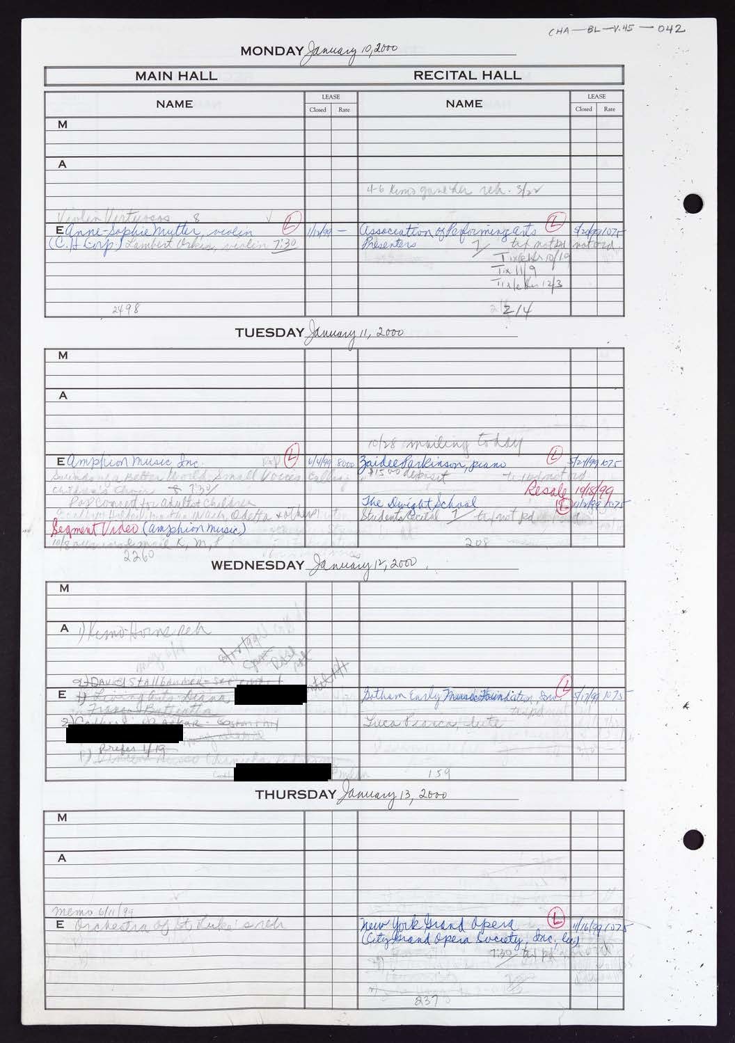 Carnegie Hall Booking Ledger, volume 45, page 42