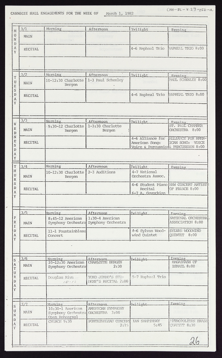 Carnegie Hall Booking Ledger, volume 27, page 56a