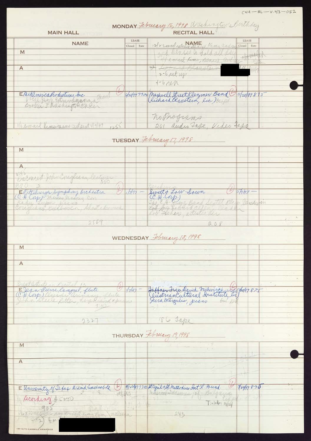 Carnegie Hall Booking Ledger, volume 43, page 52