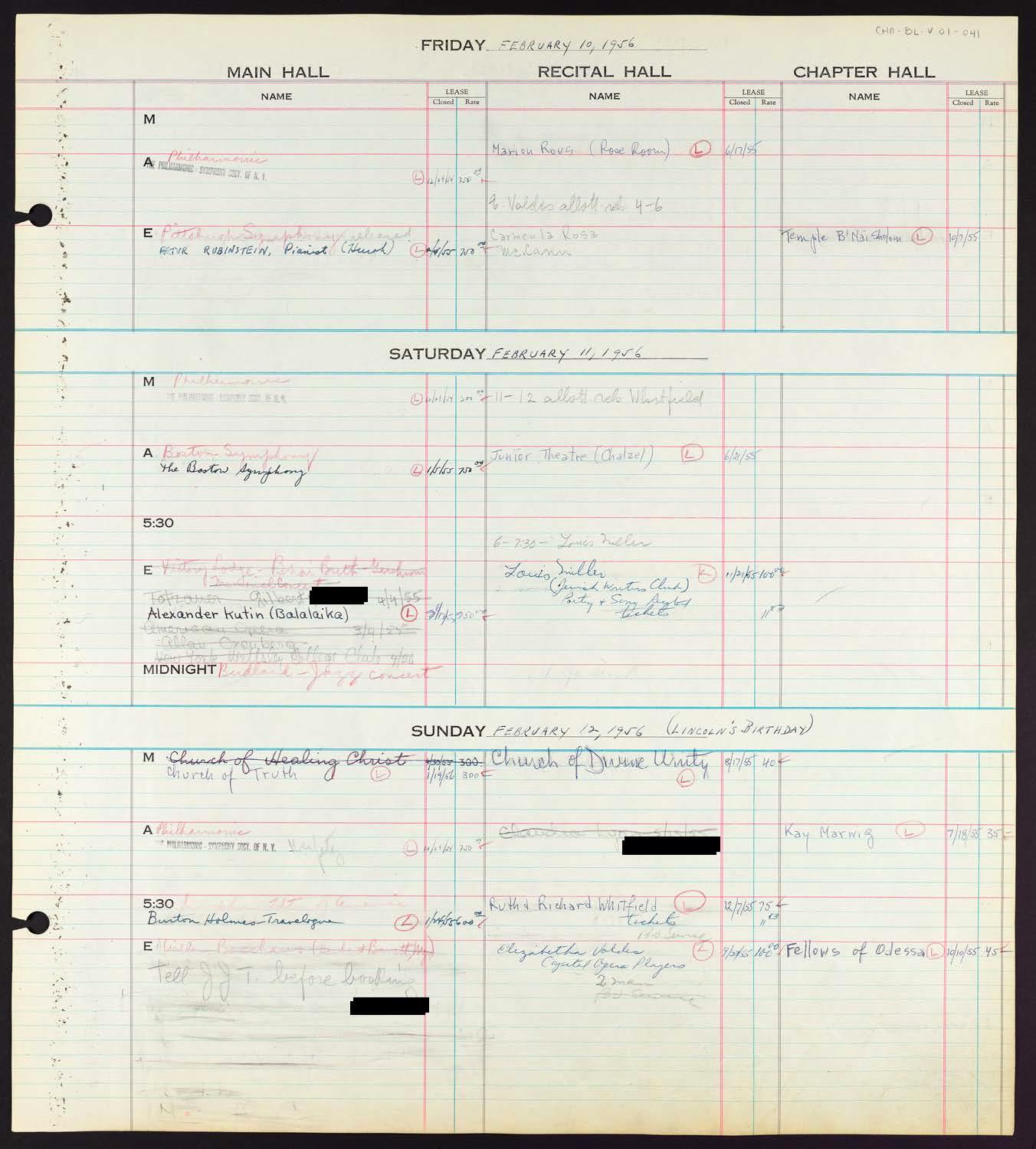 Carnegie Hall Booking Ledger, volume 1, page 41