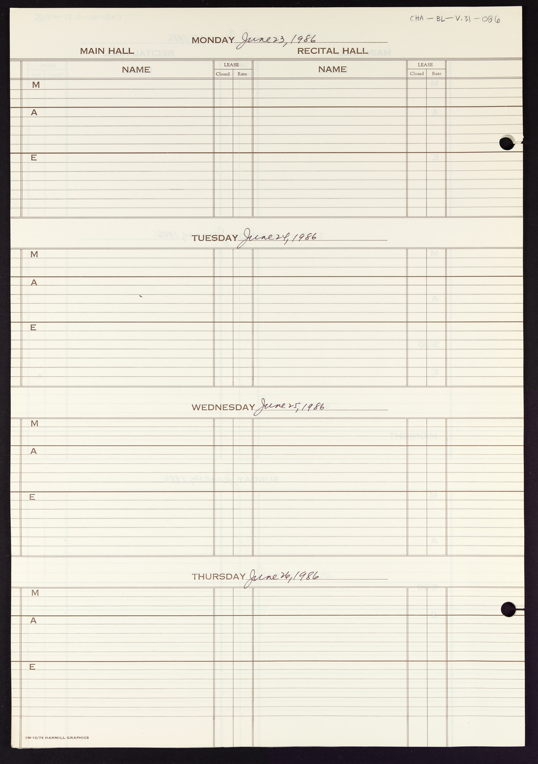 Carnegie Hall Booking Ledger, volume 31, page 86