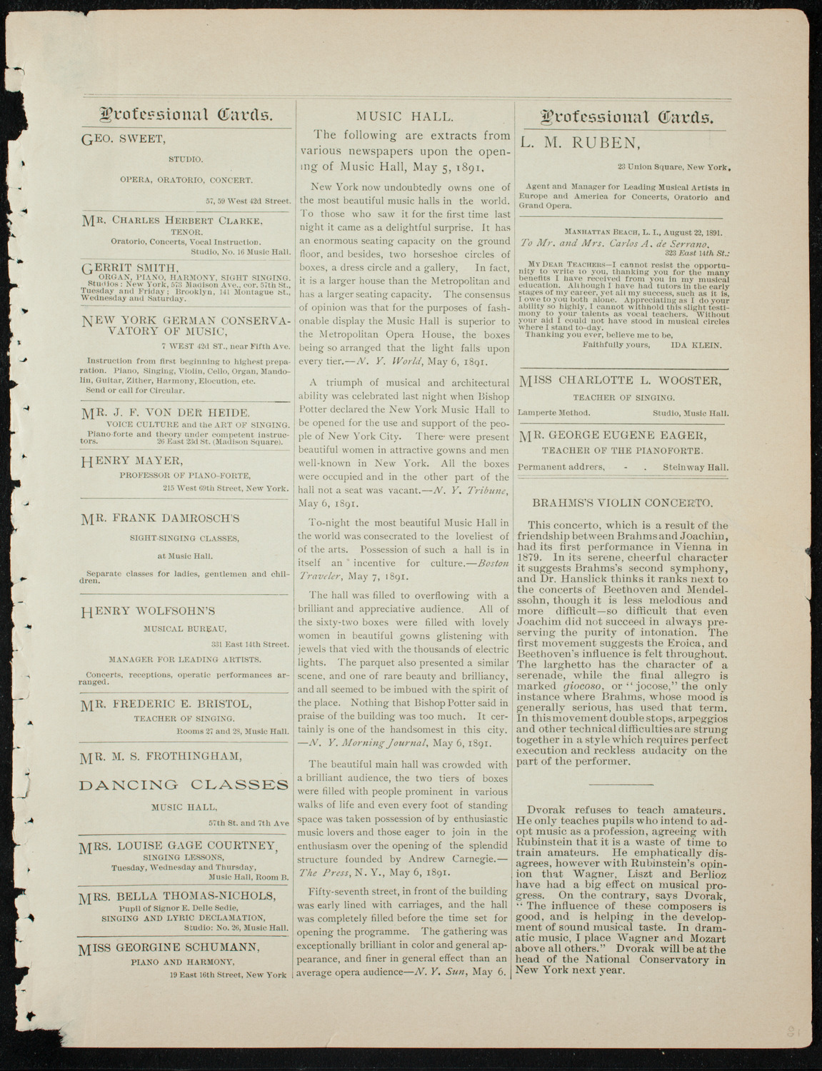 Damrosch Sunday Concert, November 15, 1891, program page 11