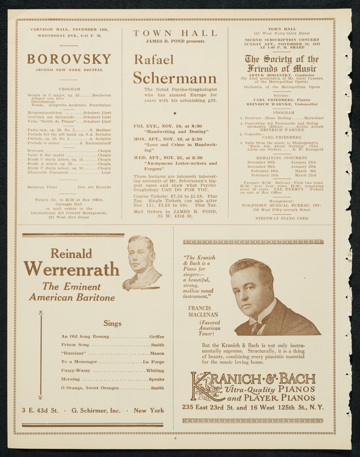 Pavel Ludikar, Bronislaw Huberman, and Alexander Borovsky, November 13, 1923, program page 6