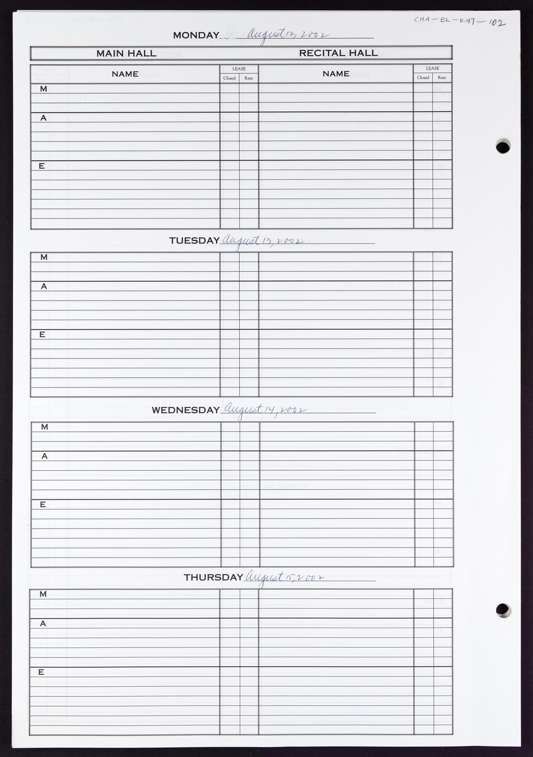 Carnegie Hall Booking Ledger, volume 47, page 102