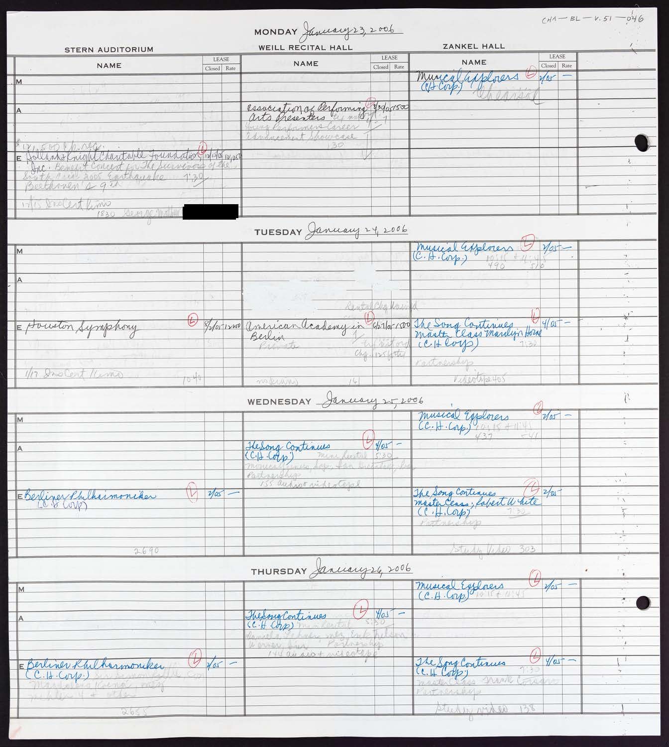 Carnegie Hall Booking Ledger, volume 51, page 46