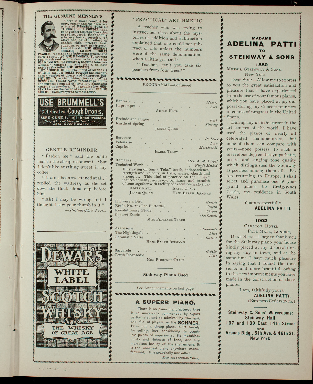 Florence Traub and Virgil Piano School Students, December 19, 1903, program page 3