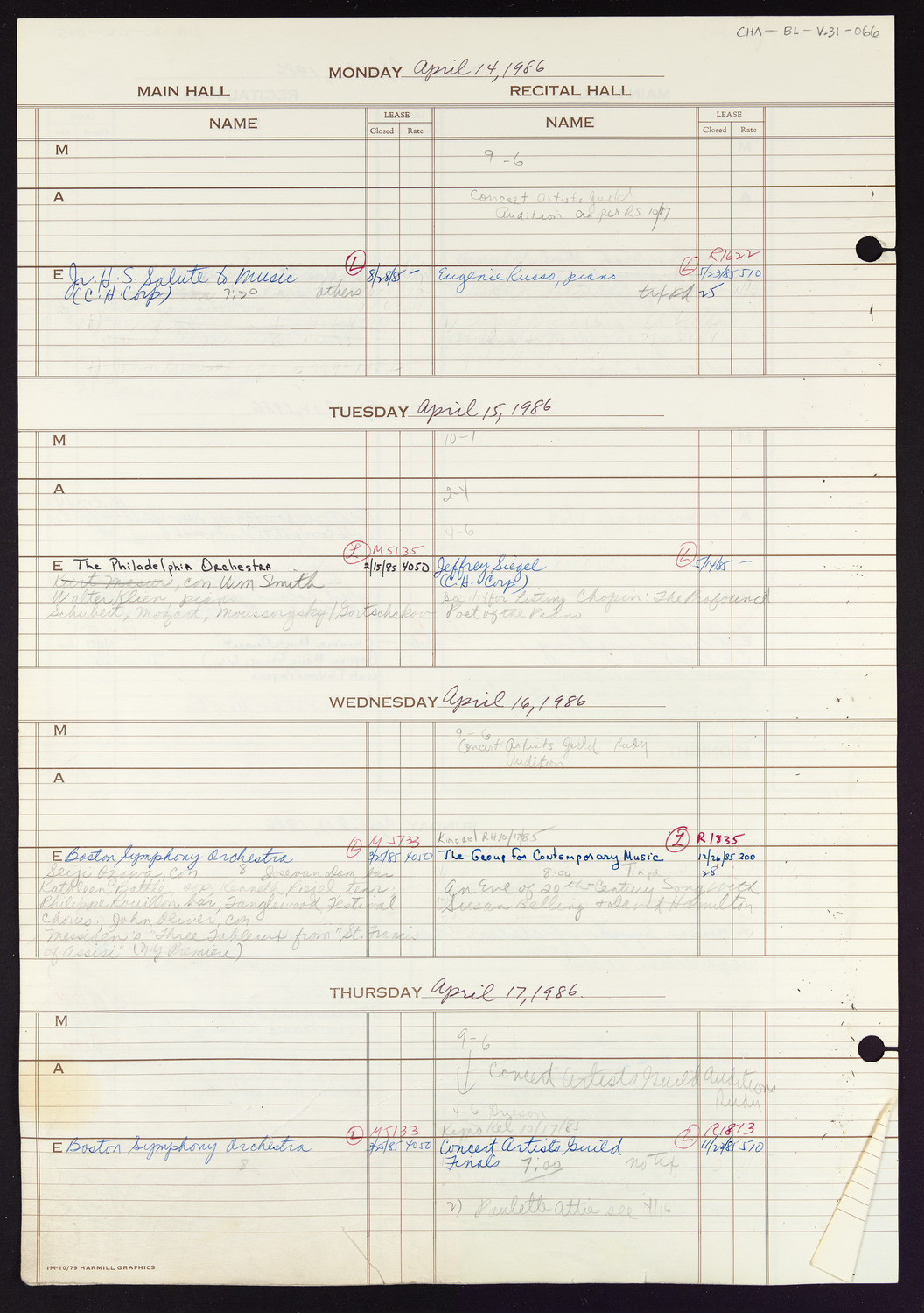 Carnegie Hall Booking Ledger, volume 31, page 66