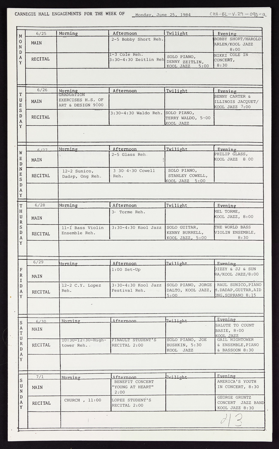 Carnegie Hall Booking Ledger, volume 29, page 90a