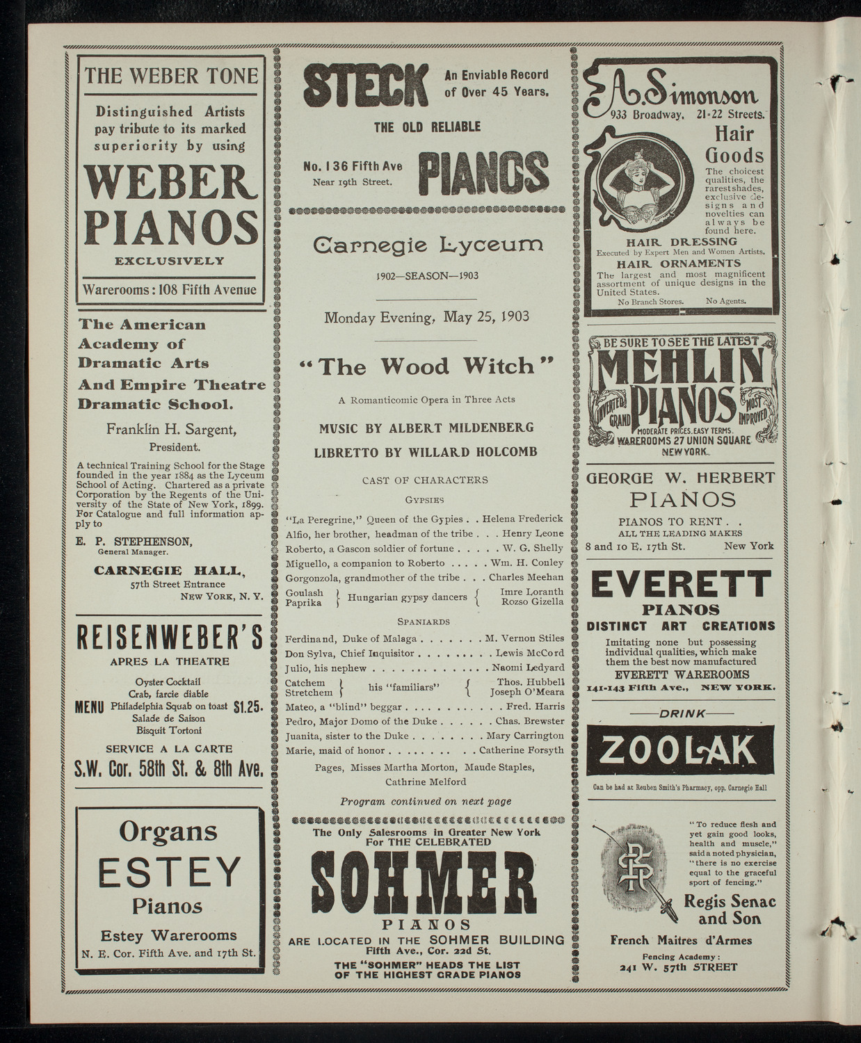 Opera Presentation by Albert Mildenberg, May 25, 1903, program page 2