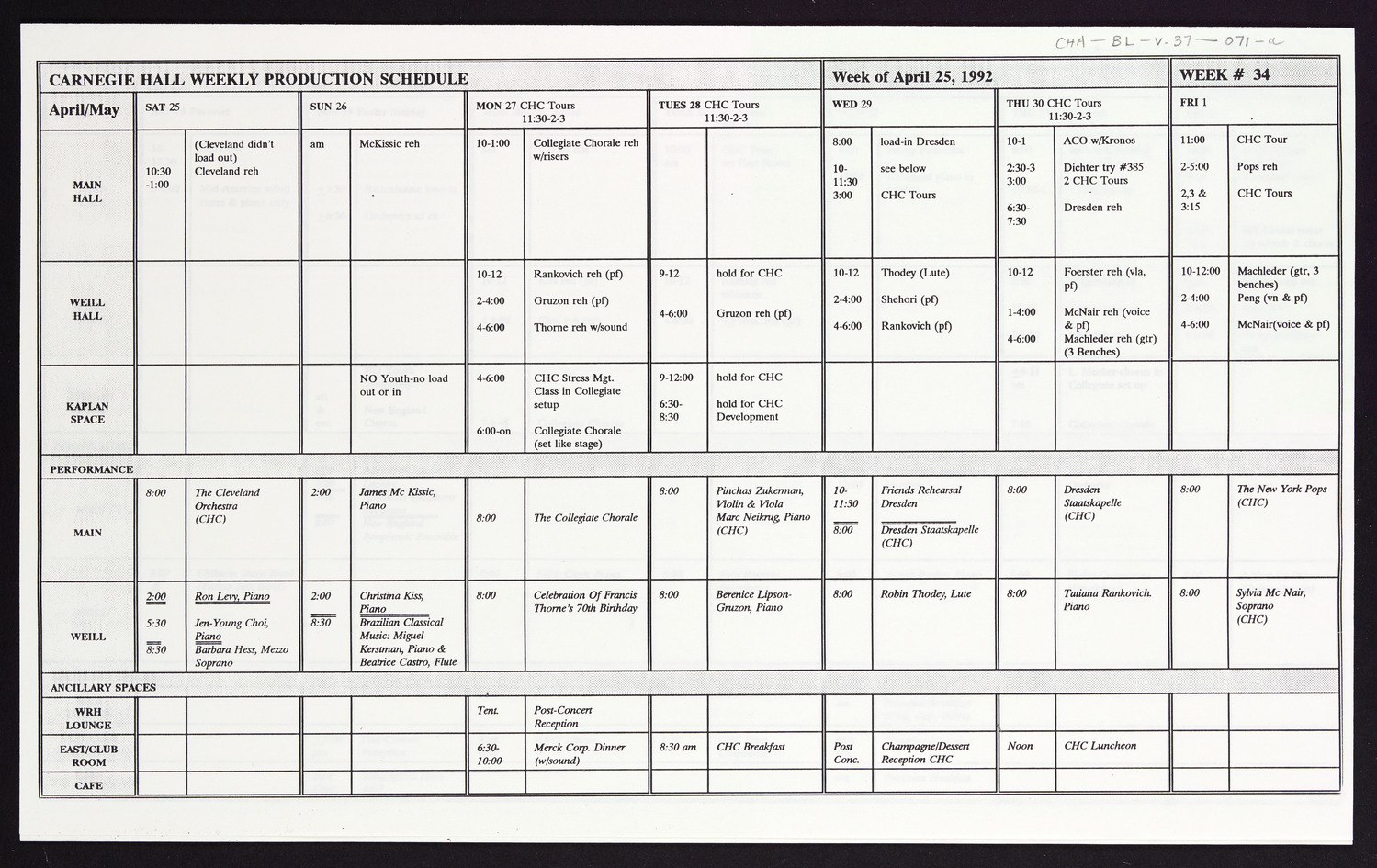 Carnegie Hall Booking Ledger, volume 37, page 71a