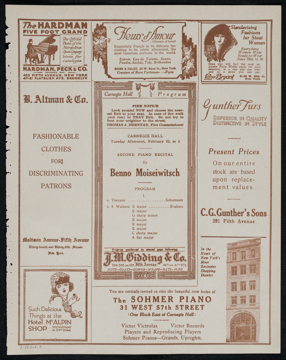Benno Moiseiwitsch, Piano, February 22, 1921, program page 5