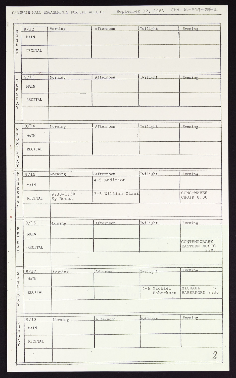 Carnegie Hall Booking Ledger, volume 29, page 8a