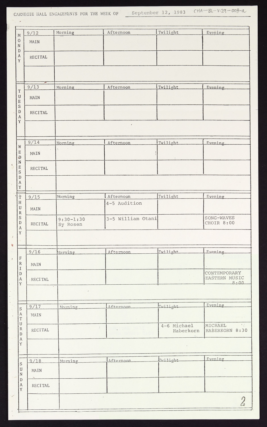 Carnegie Hall Booking Ledger, volume 29, page 8a