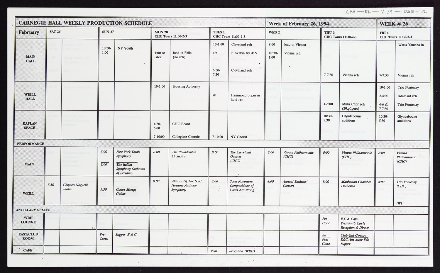 Carnegie Hall Booking Ledger, volume 39, page 55a