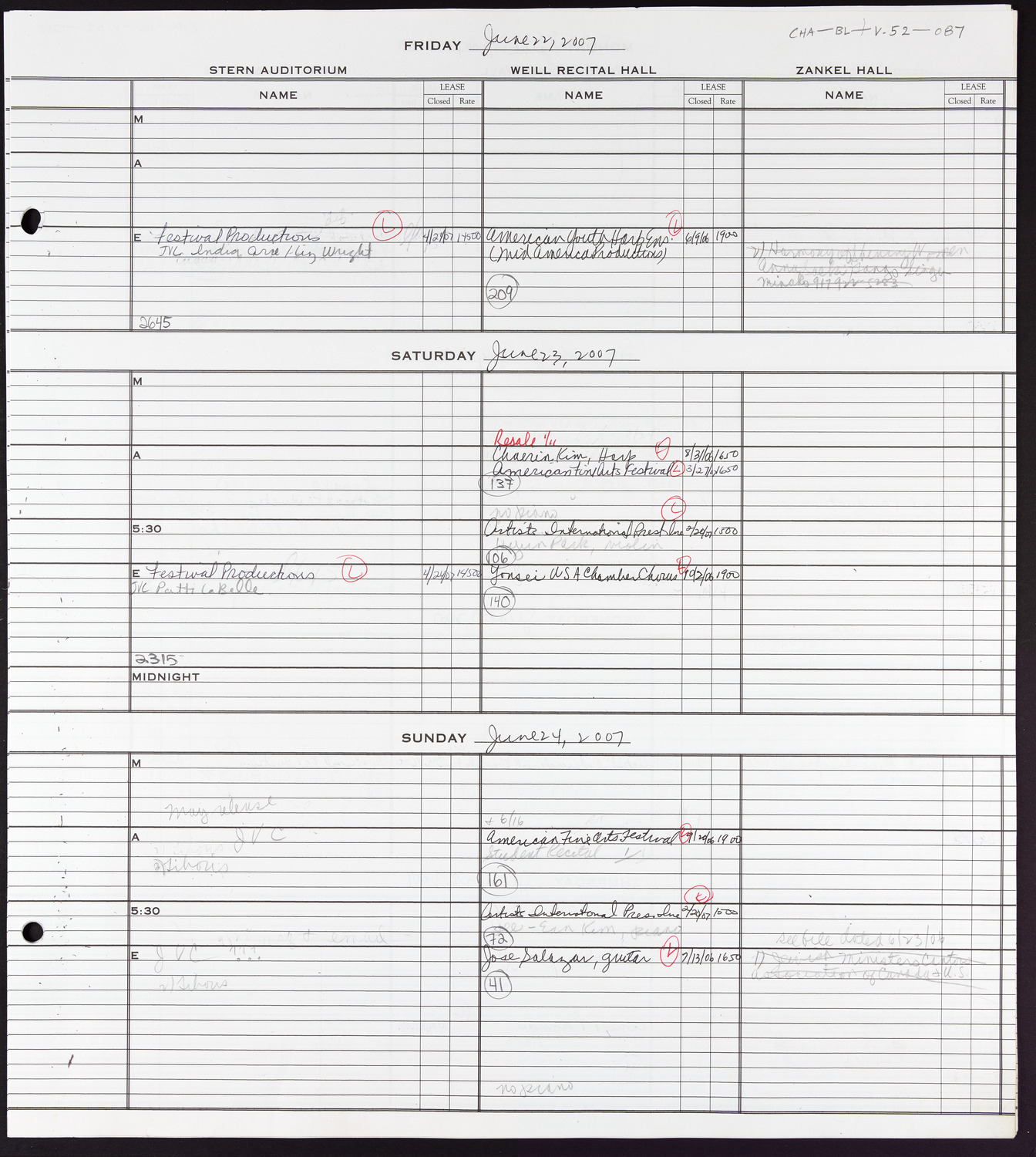 Carnegie Hall Booking Ledger, volume 52, page 87