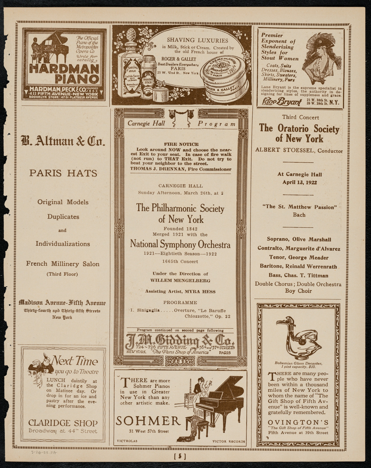 New York Philharmonic, March 26, 1922, program page 5