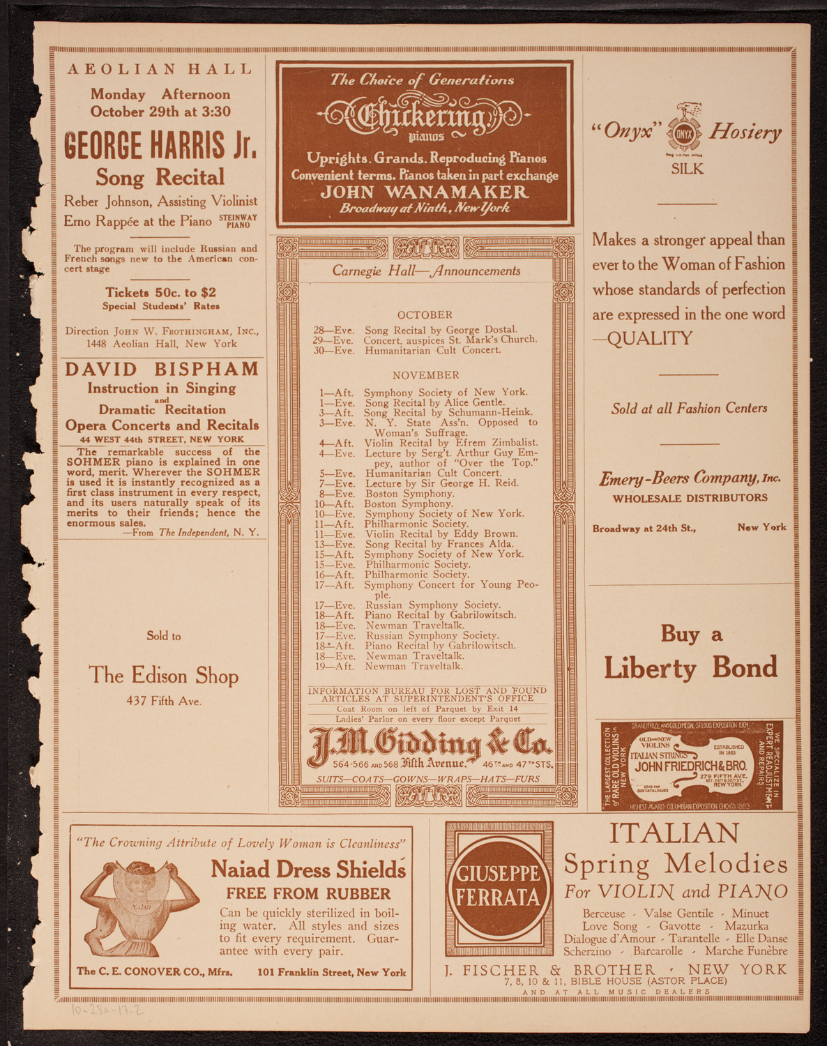 Fritz Kreisler, Violin, October 28, 1917, program page 3
