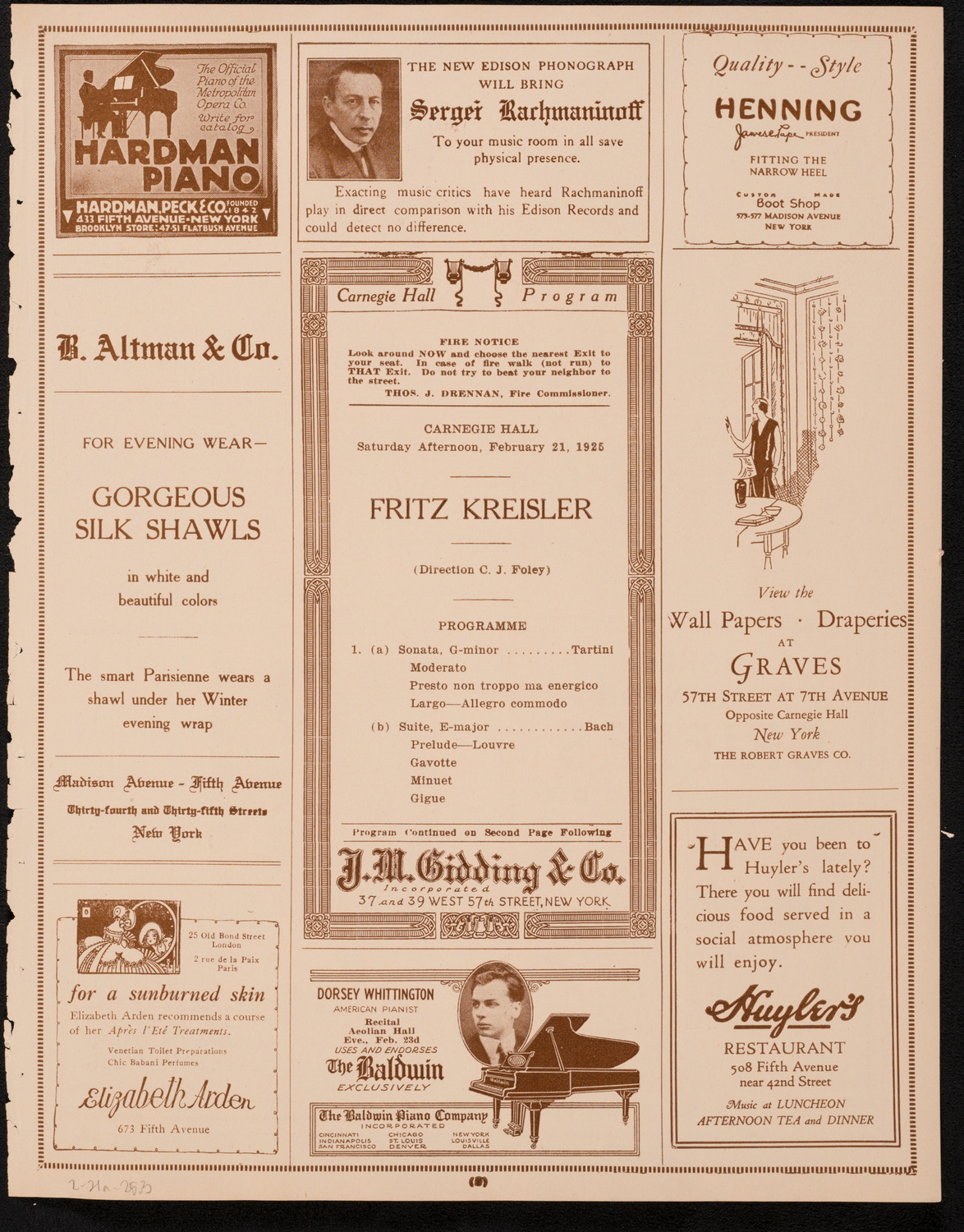 Fritz Kreisler, Violin, February 21, 1925, program page 5