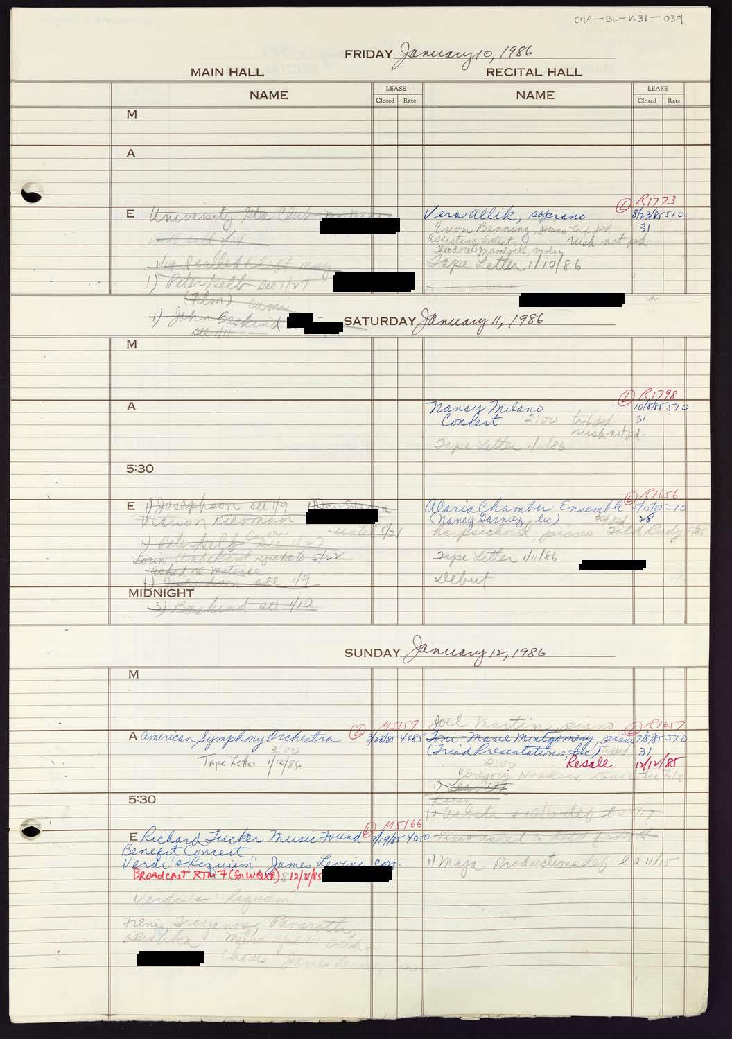 Carnegie Hall Booking Ledger, volume 31, page 39