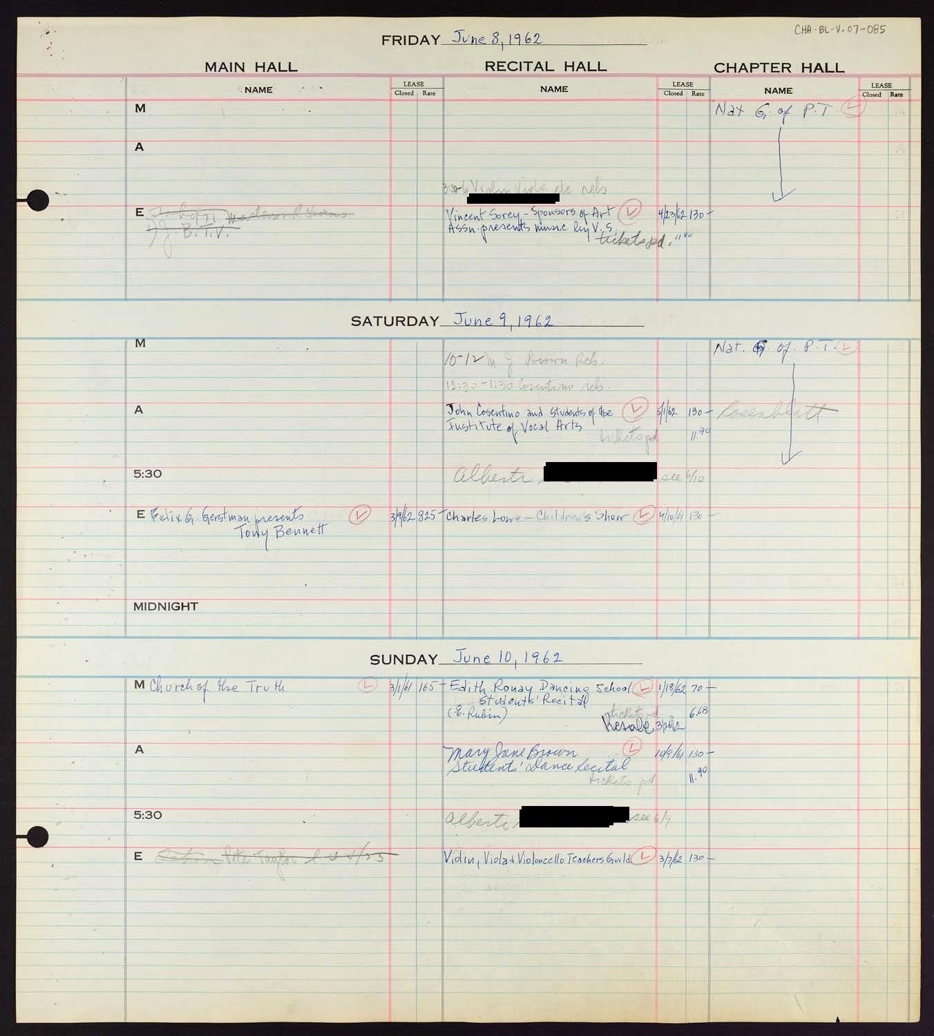 Carnegie Hall Booking Ledger, volume 7, page 85