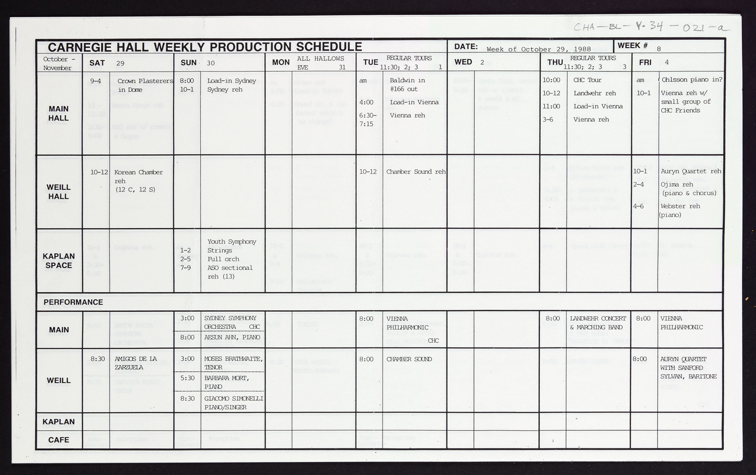 Carnegie Hall Booking Ledger, volume 34, page 21a