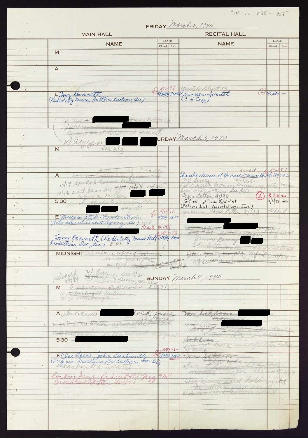 Carnegie Hall Booking Ledger, volume 35, page 55