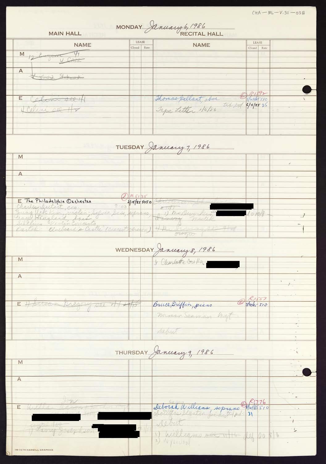 Carnegie Hall Booking Ledger, volume 31, page 38