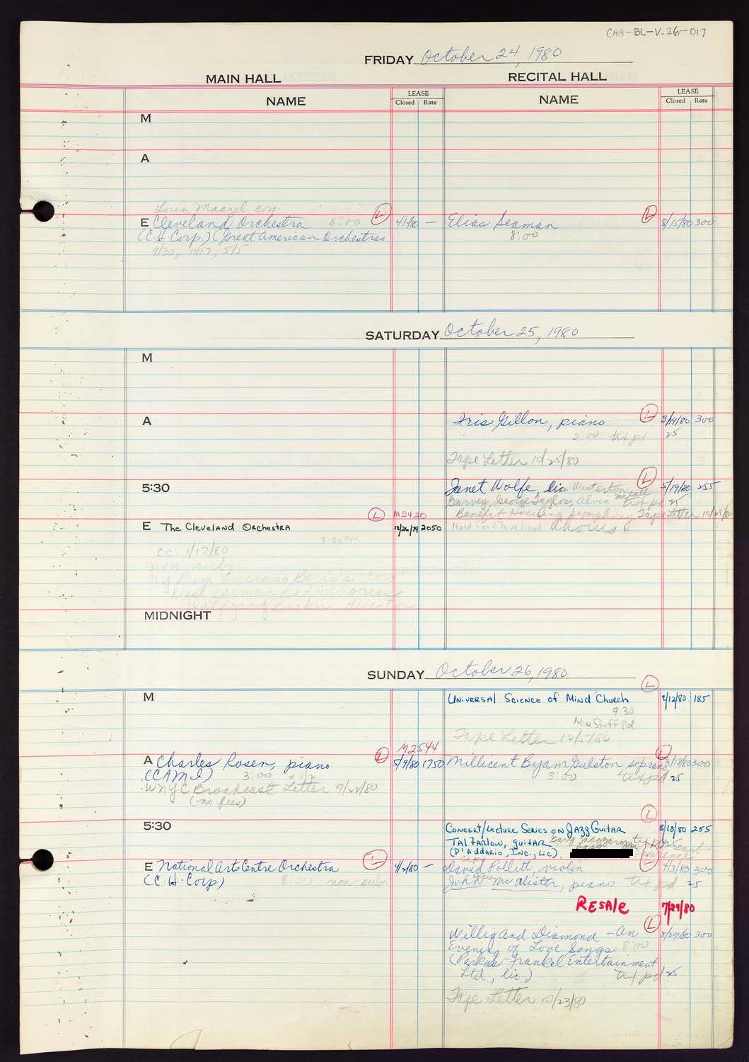 Carnegie Hall Booking Ledger, volume 26, page 17