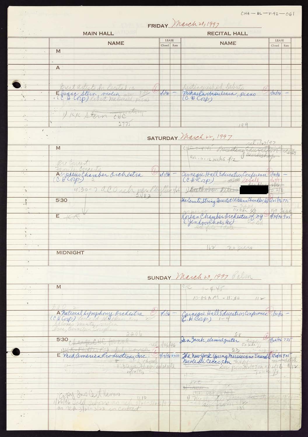 Carnegie Hall Booking Ledger, volume 42, page 61