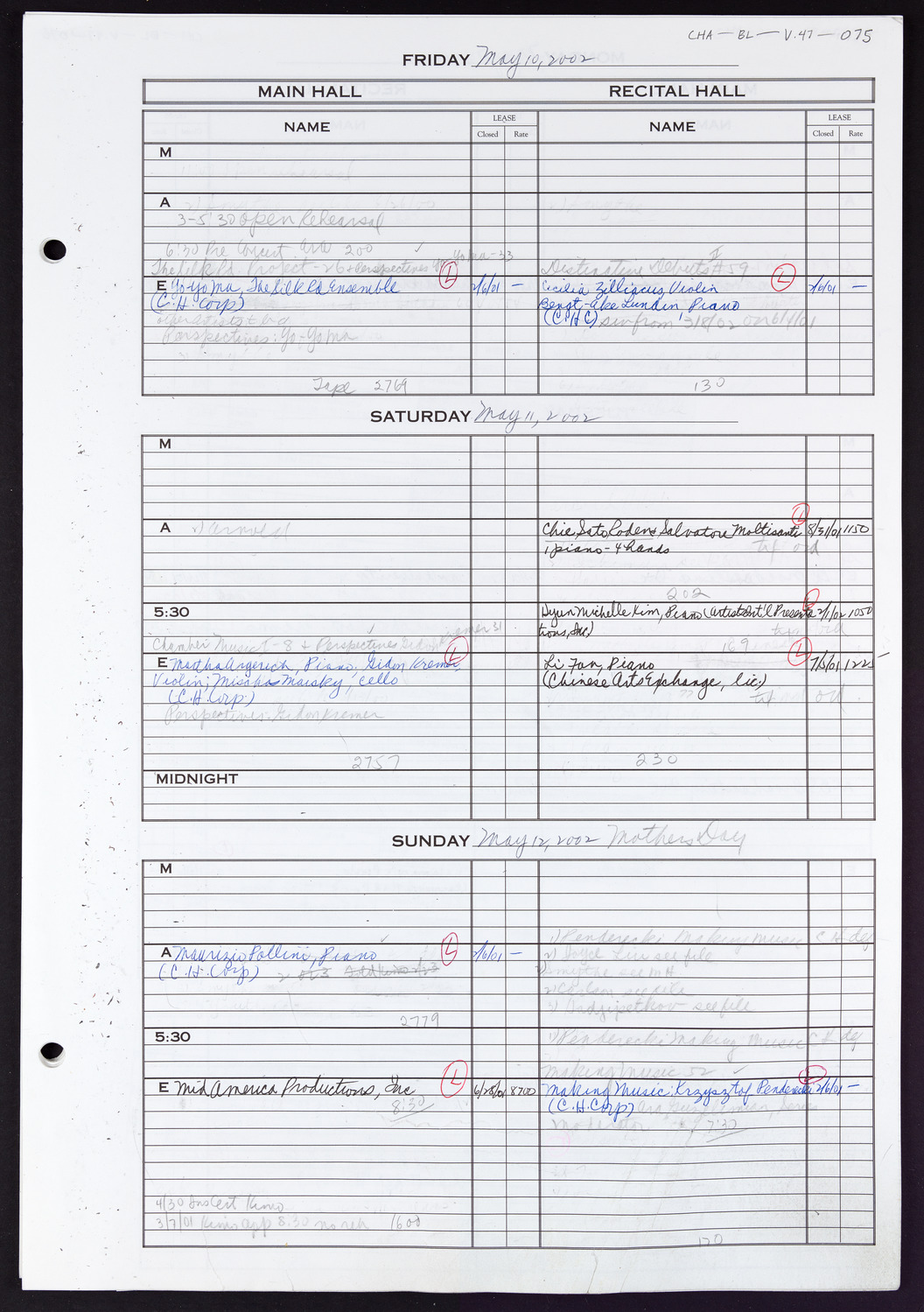 Carnegie Hall Booking Ledger, volume 47, page 75