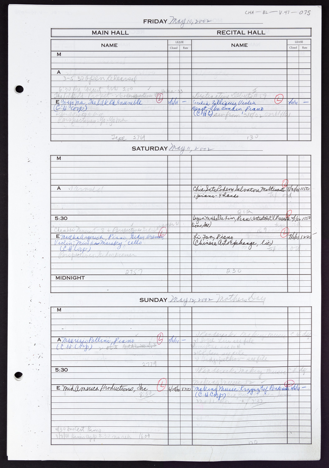Carnegie Hall Booking Ledger, volume 47, page 75