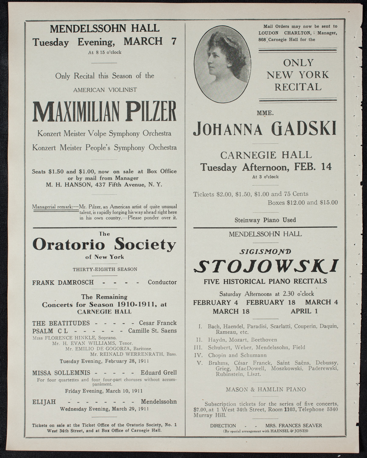 New York Philharmonic, January 27, 1911, program page 10