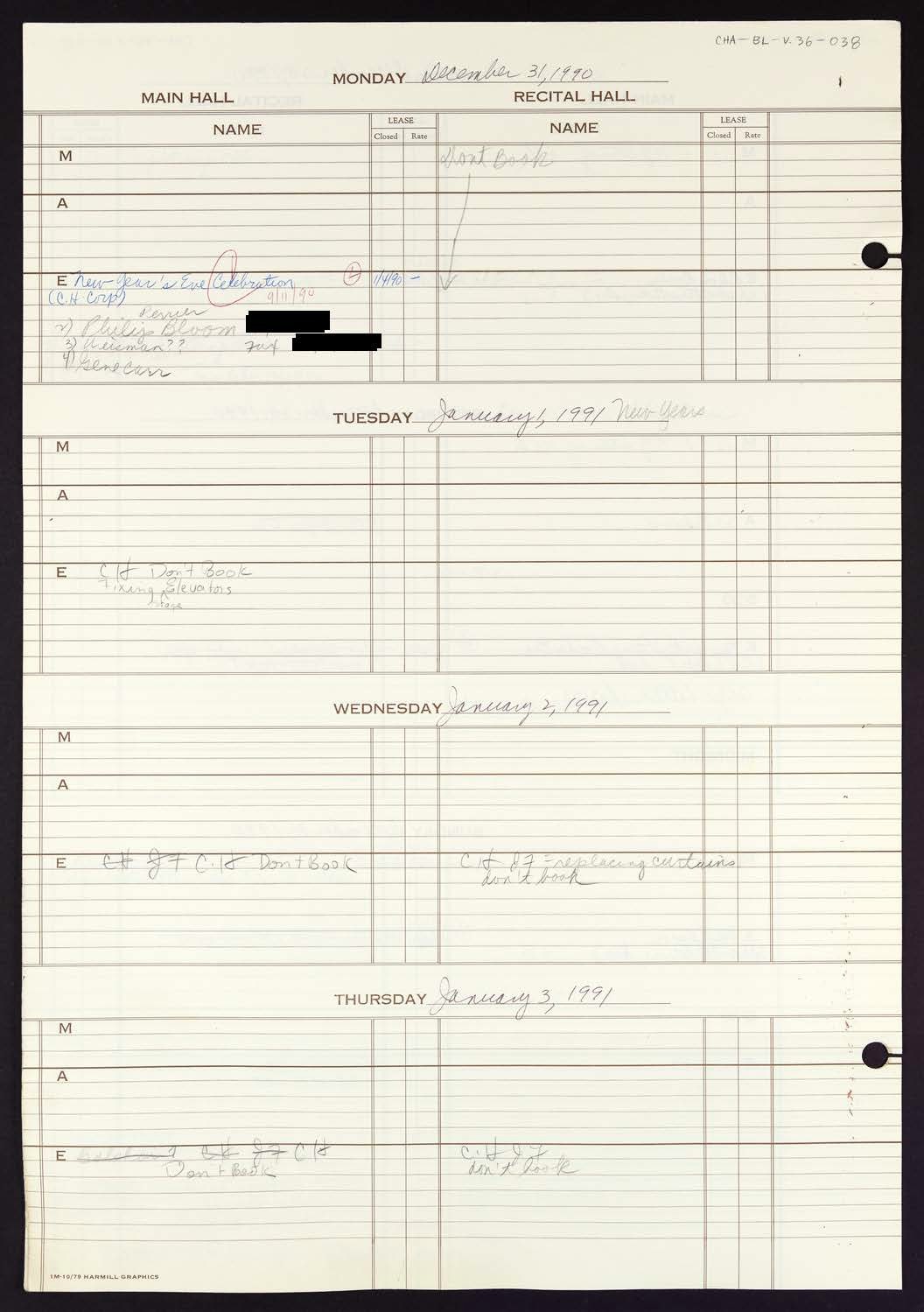 Carnegie Hall Booking Ledger, volume 36, page 38