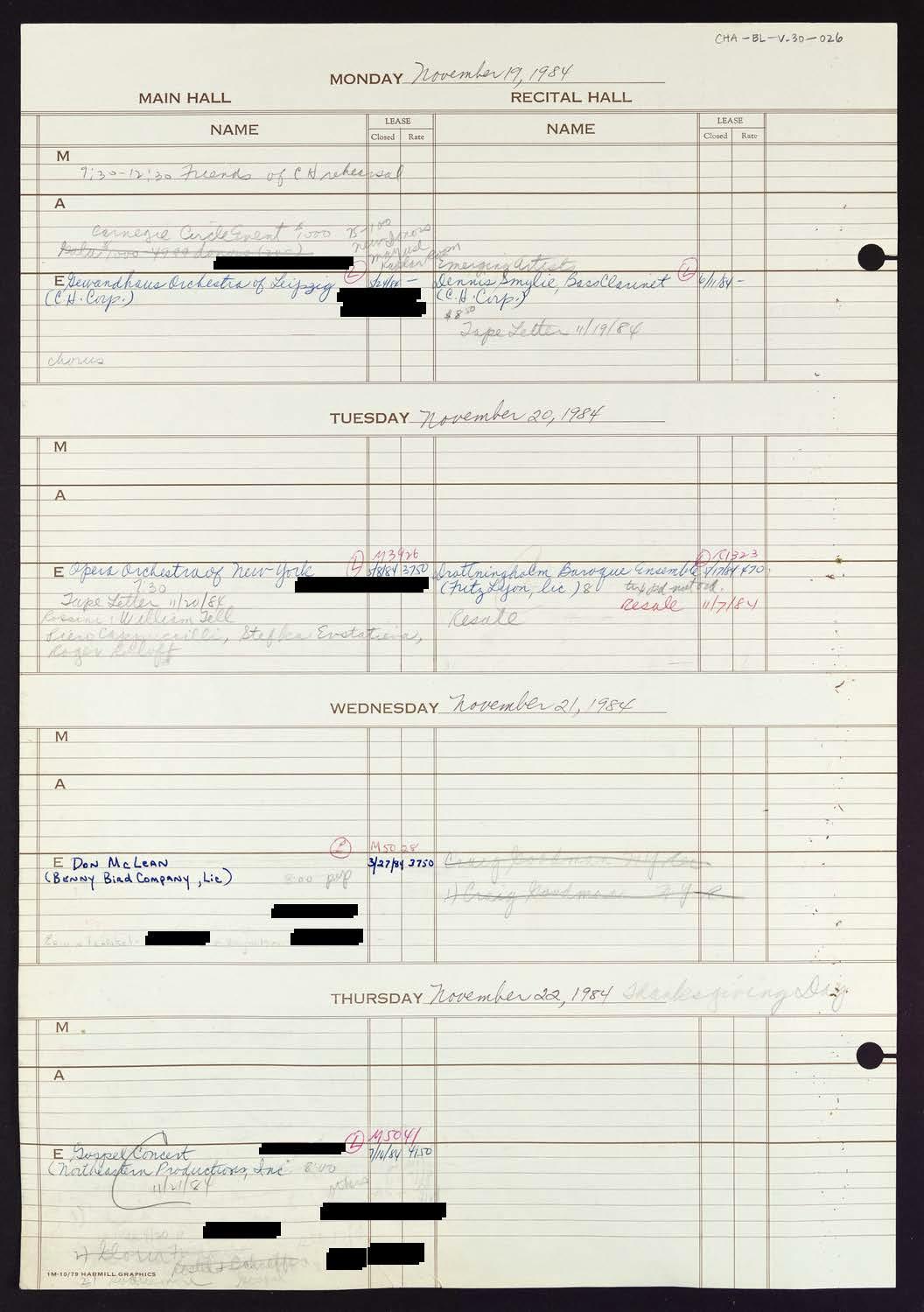 Carnegie Hall Booking Ledger, volume 30, page 26