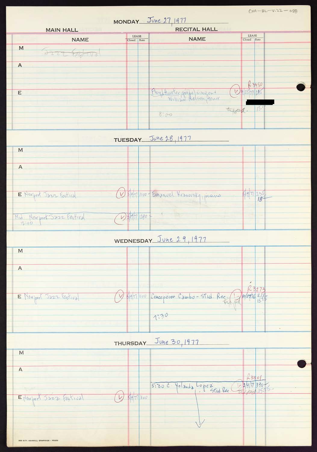 Carnegie Hall Booking Ledger, volume 22, page 88