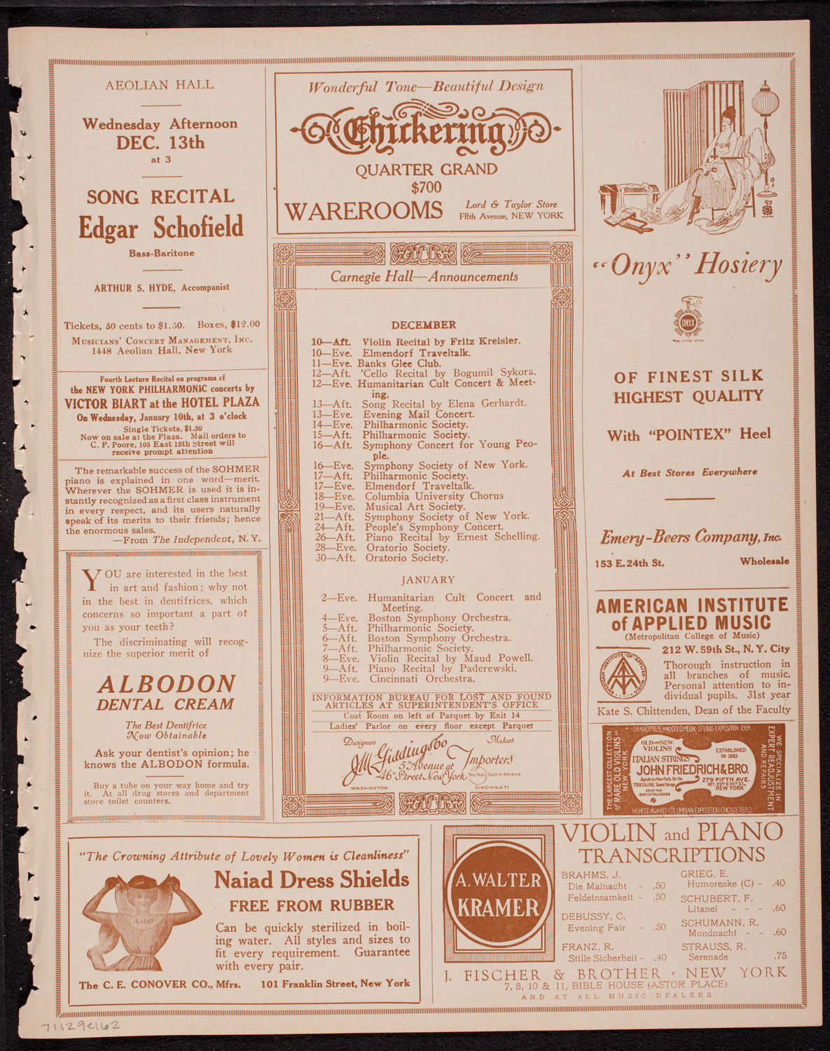 New York Philharmonic, December 9, 1916, program page 3