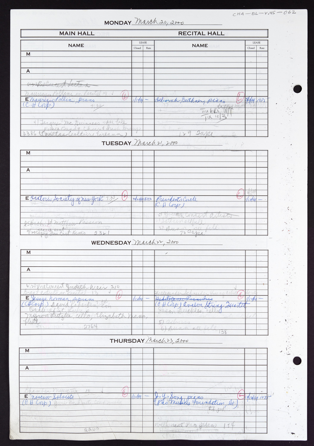 Carnegie Hall Booking Ledger, volume 45, page 62