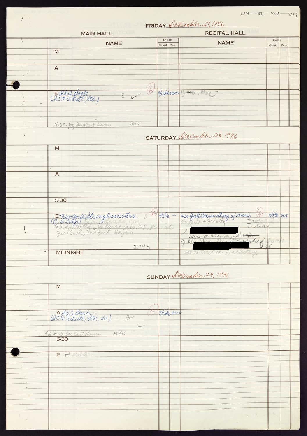 Carnegie Hall Booking Ledger, volume 42, page 37