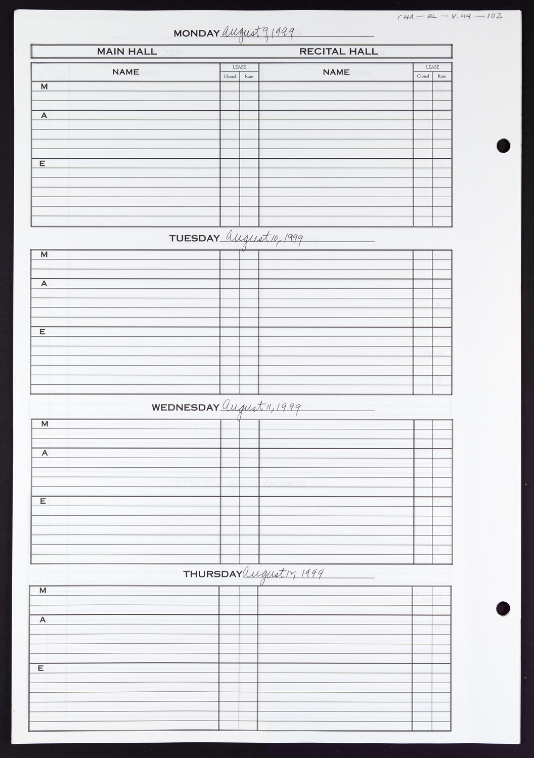 Carnegie Hall Booking Ledger, volume 44, page 102